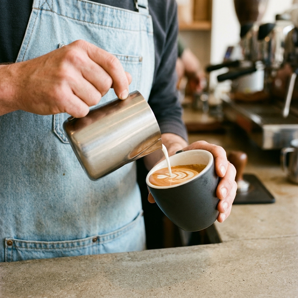 מזיגת חלב חם לקפה על ידי בריסטה